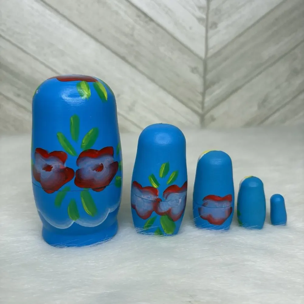 5 Pc Matryoshka Nesting Dolls Hand Painted Blue Floral Babushka Russian Wood